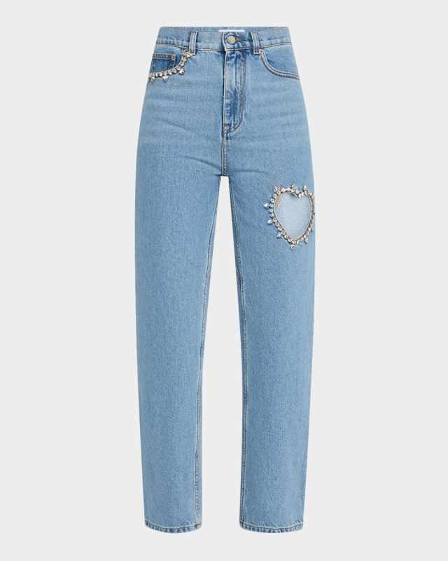 Crystal Heart Cutout Straight-Leg Ankle Jeans